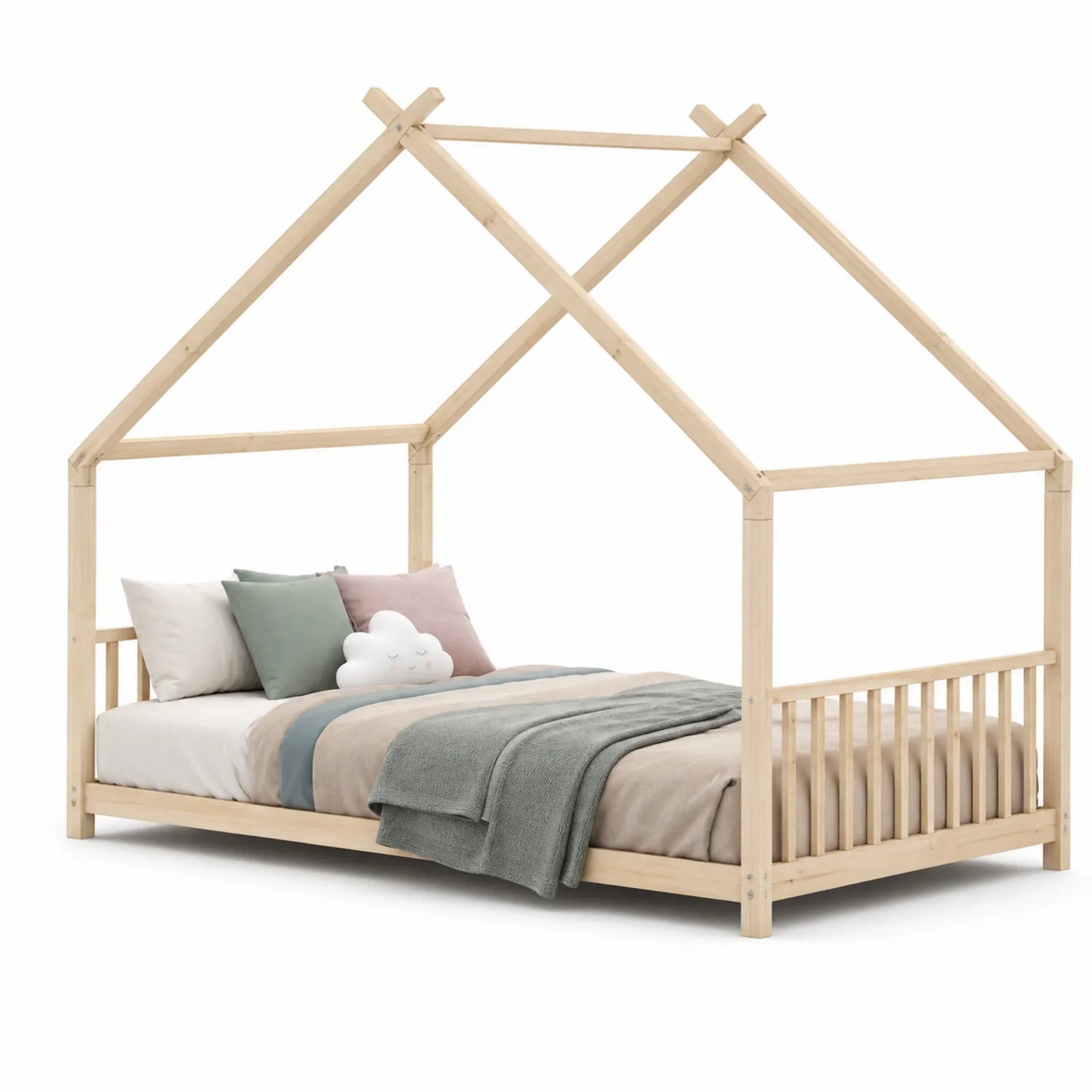 Lit cabane enfant en bois naturel 90x190 cm