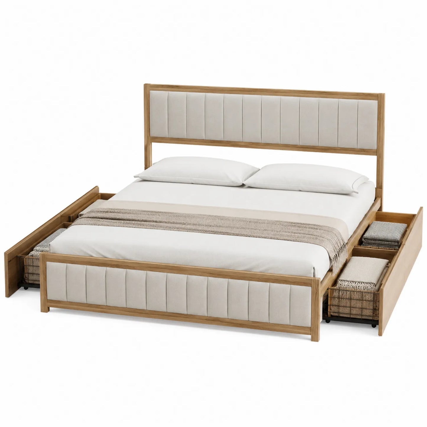 Lit double avec tiroirs en bois et tissu beige 200x160 cm