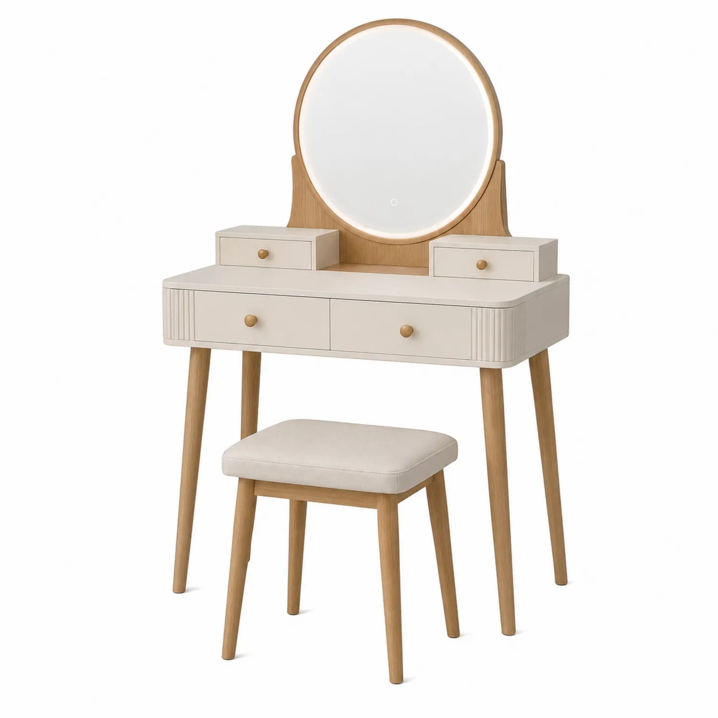 Coiffeuse avec tabouret en bois et tissu blanc avec miroir LED