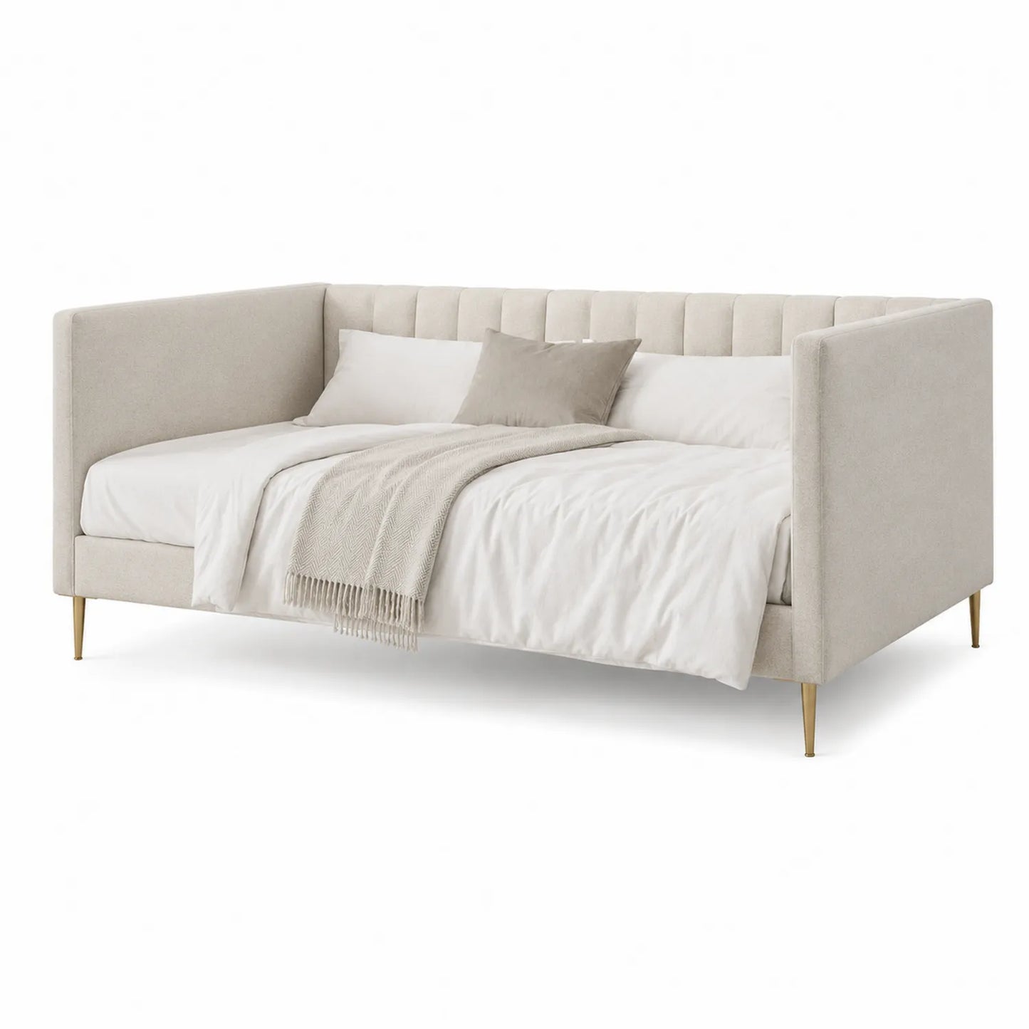 Lit banquette en tissu beige avec pieds métalliques dorés