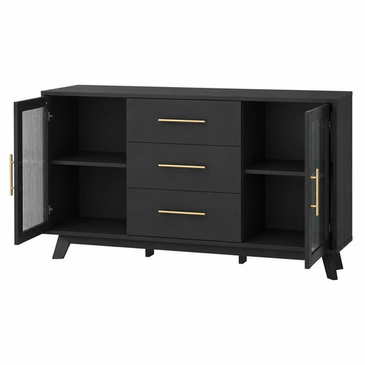 Buffet en bois MDF noir avec 3 tiroirs et 2 portes