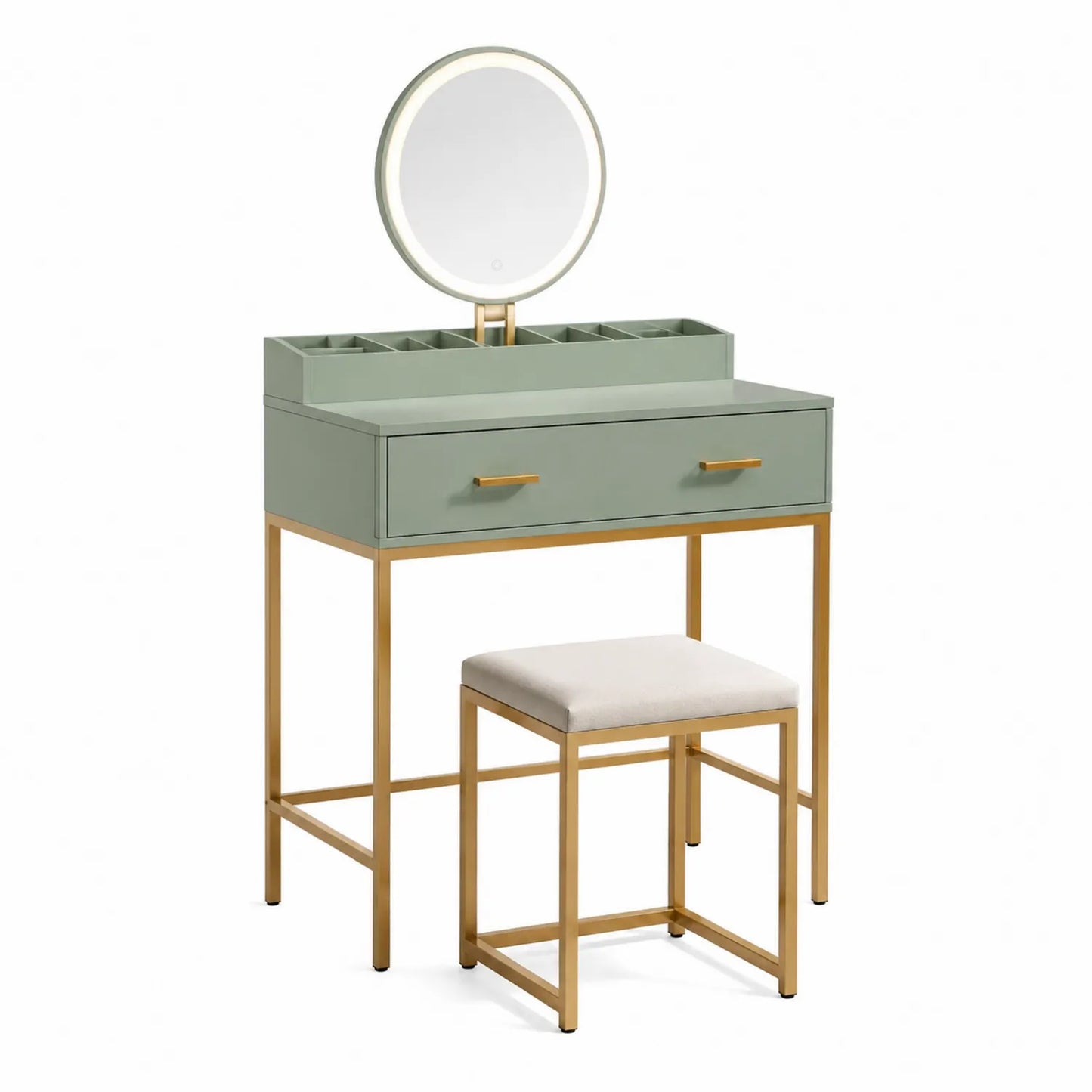 Coiffeuse en Métal Doré et MDF Vert avec Miroir LED et Tabouret