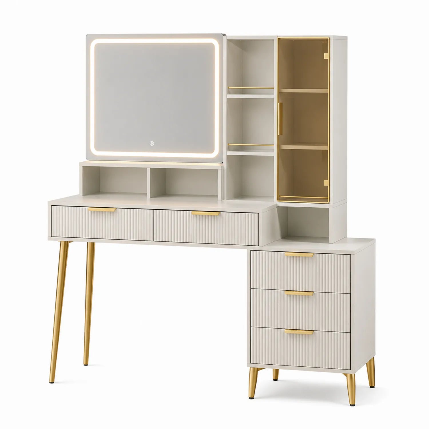 Coiffeuse avec Miroir LED en Bois et Métal Blanc et Doré