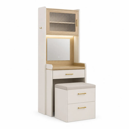 Coiffeuse en bois avec miroir LED et tabouret crème