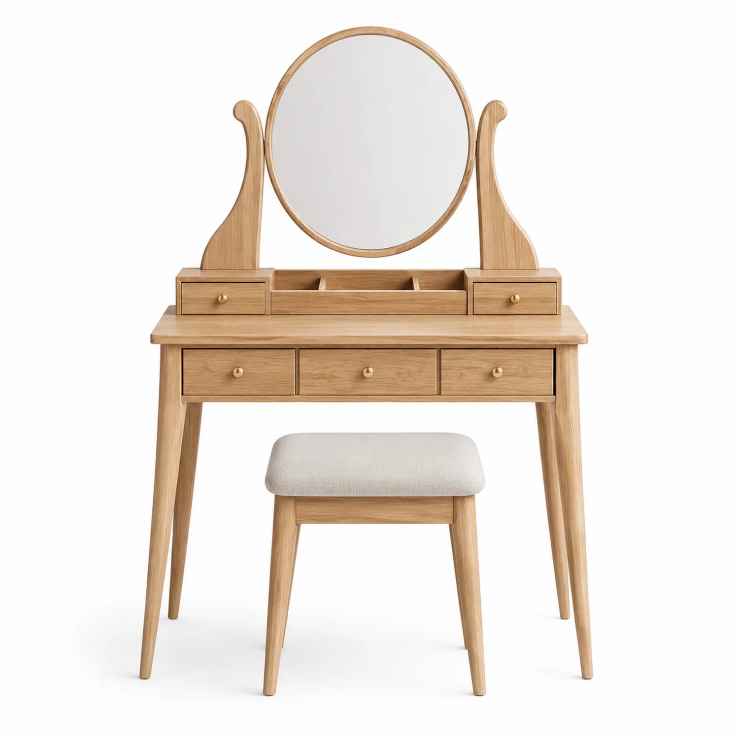 Coiffeuse en chêne avec miroir rond et tabouret