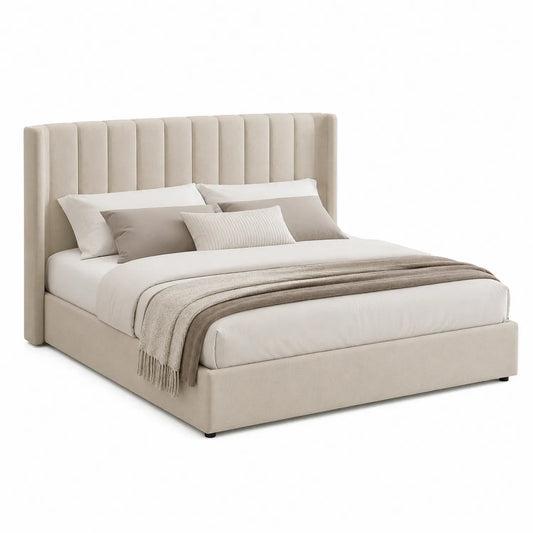 Lit double en tissu beige 200x160 cm