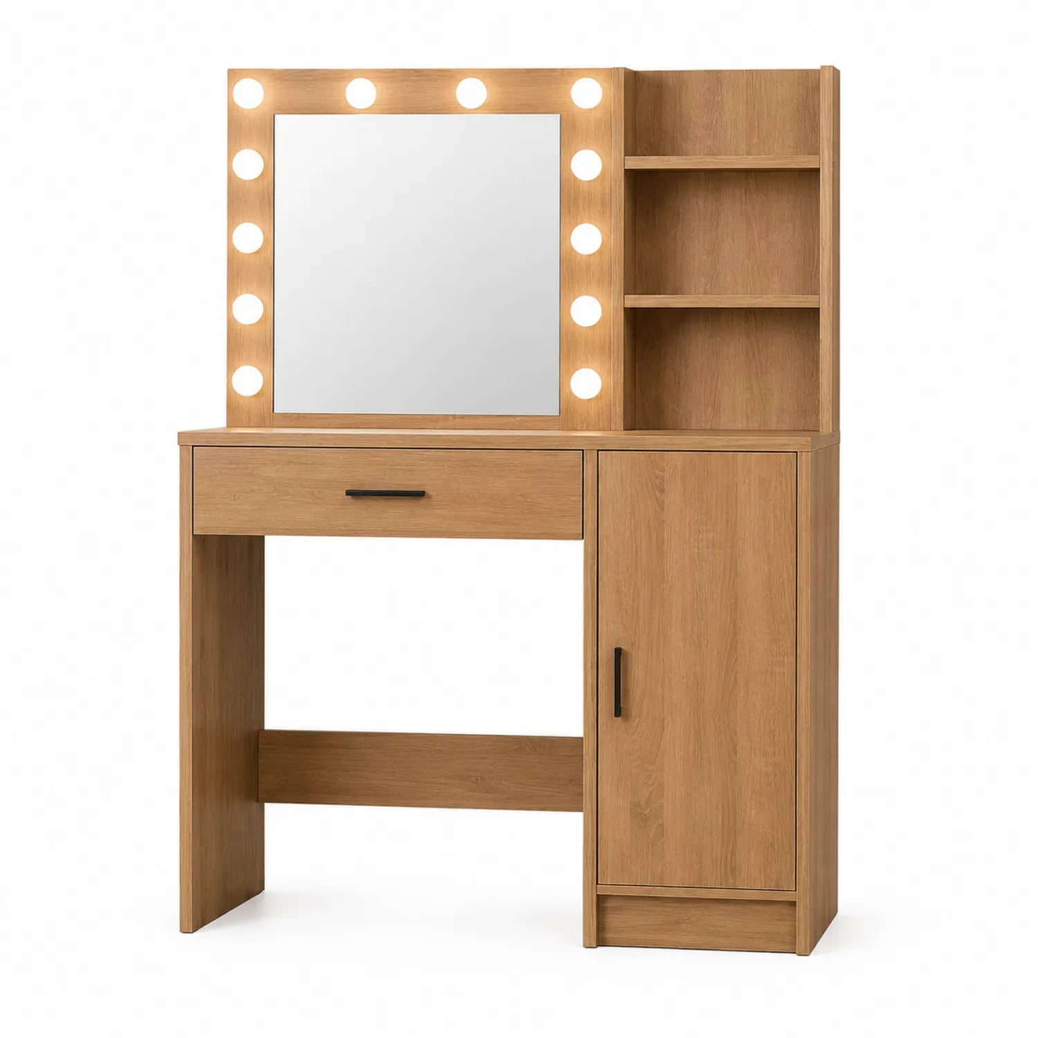 Coiffeuse en bois de chêne avec miroir LED et rangement