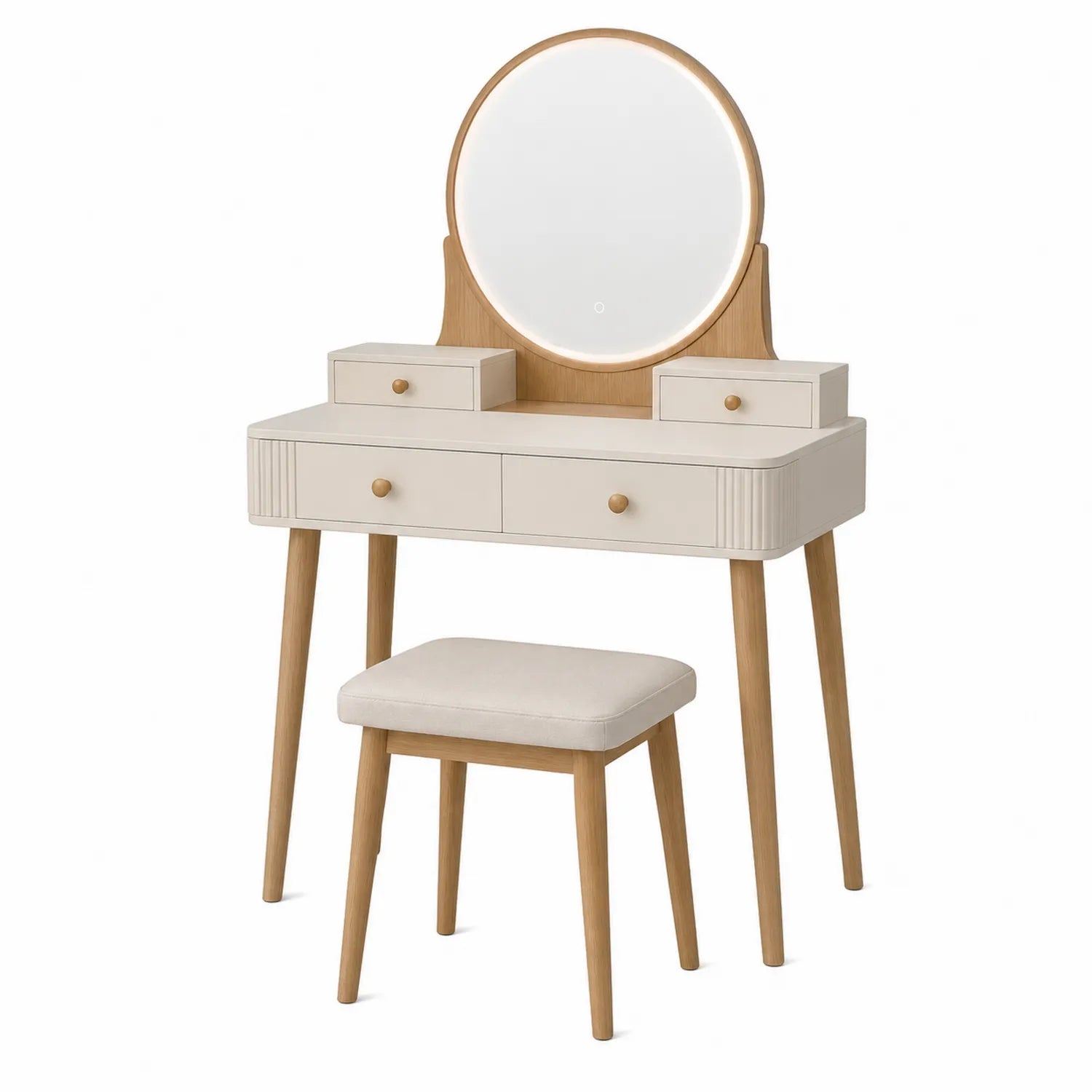 Coiffeuse avec tabouret en bois et tissu blanc avec miroir LED