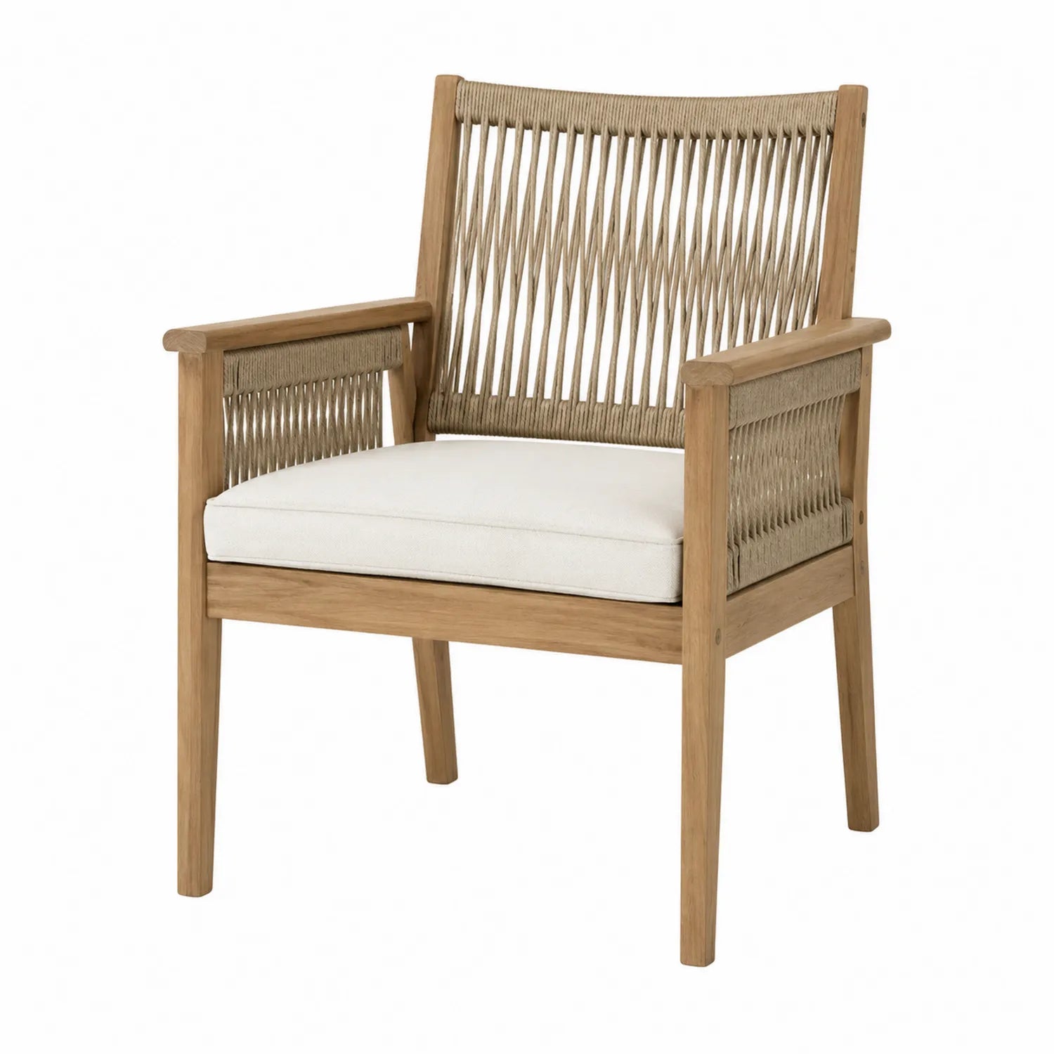 Fauteuil en bois avec corde tressée et coussin polyester