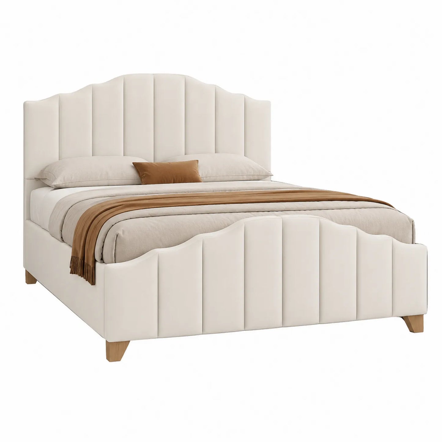 Lit double en tissu crème avec tête de lit et pieds en bois 200x160 cm
